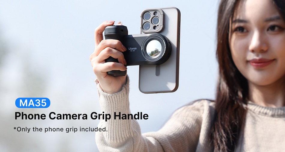A woman holding up her phone with a camera grip handle.