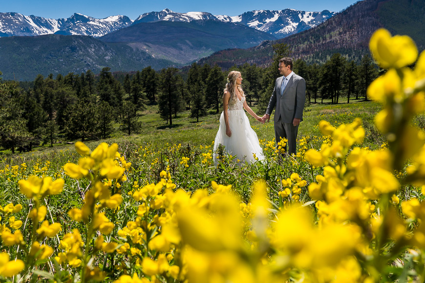 A bride and groom standing in a field of yellow flowers with mountains in the background.