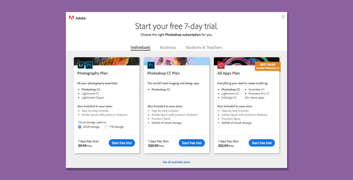 how to buy photoshop CC Trial (no cloud storage)