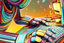 A colorful image of a man using a computer.