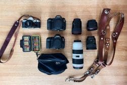 A collection of camera equipment on a wooden table.