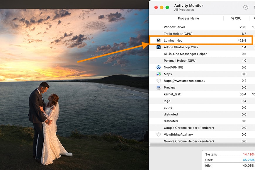 High CPU usage of Luminar Neo while using certain features.