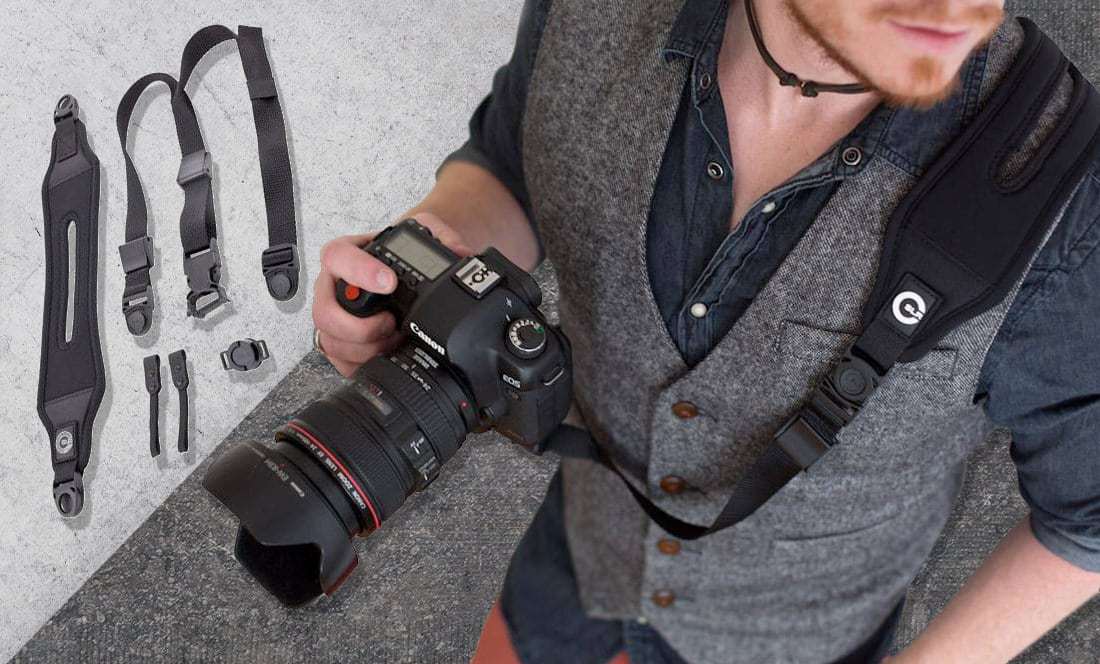 top down shot of man wearing webbing style strong camera strap
