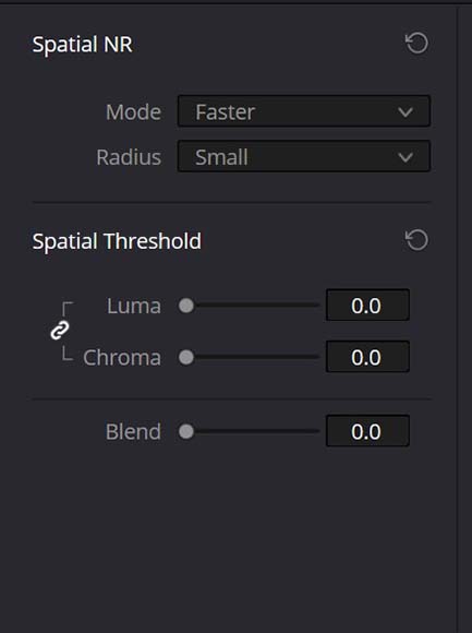 A screenshot of spatial NR settings in DaVinci Resolve