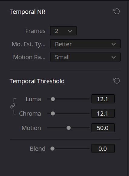 Temporal NR settings in DaVinci Resolve.