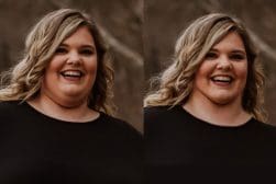 Two pictures of a woman with a smile on her face.