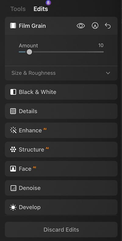 Screen showing various edits applied automatically when choosing preset.