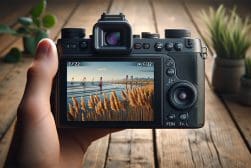 A person holding up a camera with a picture of a beach.
