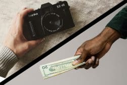 A hand is holding a camera and a hand is holding money.