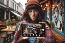 A woman holding up a phone with a camera in it.