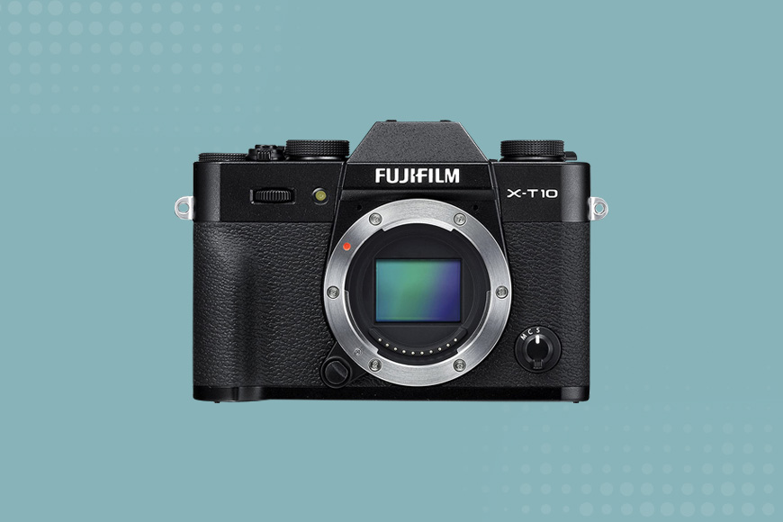 a black camera with a blue background.