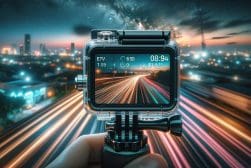 A person holding up a camera with a city in the background.