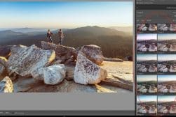 A photo of a couple standing on a rock in lightroom.