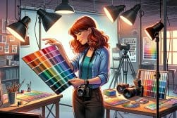 A woman in a studio holding a color palette.