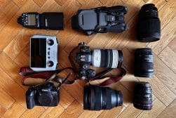 A camera on a wooden floor.
