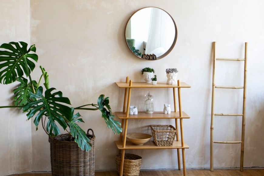 A wooden shelf with a plant and a mirror.