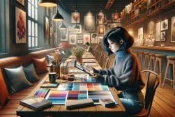 A woman is sitting at a table in a restaurant using a mood board app on a tablet.
