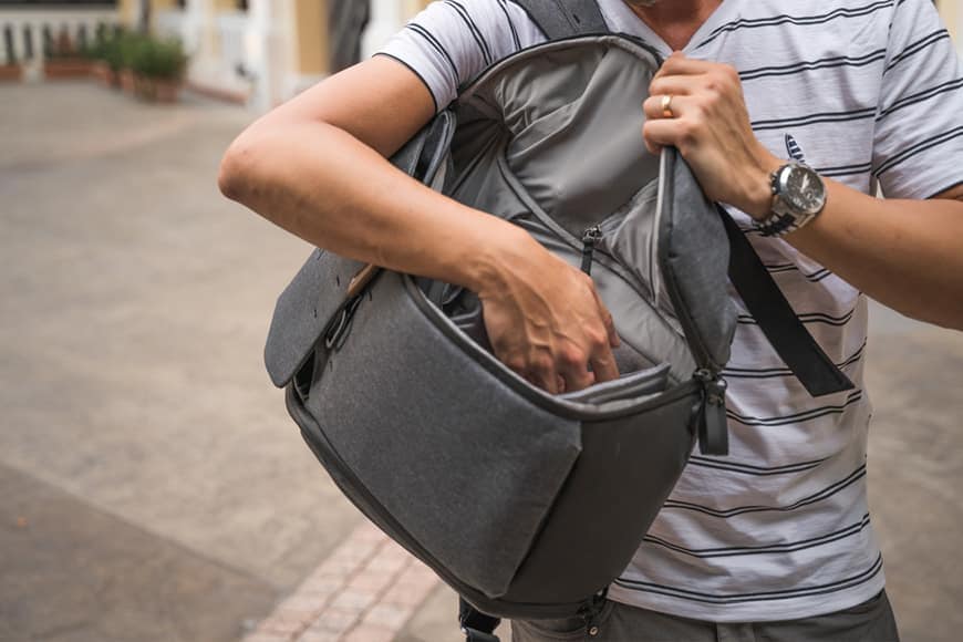 Slinging the Everyday Backpack V2 over the shoulder and accessing it through the side is very handy.