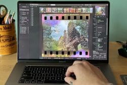 A person using a laptop with a photo on it.