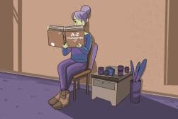 A girl is sitting on a chair reading a book.