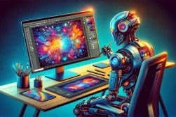A robot sitting at a desk working on a computer.