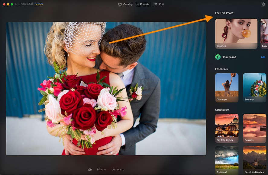 Example of Neo's artificial intelligence suggesting the correct photo preset to use.