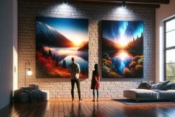 A couple looking at two paintings in a living room.