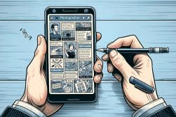An illustration of a hand holding a smartphone and a pen.