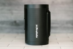 a close up of the Profoto A2 light on a tile floor.