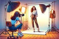 A woman is taking a photo in a studio.