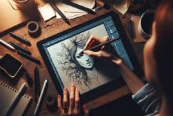 A woman drawing a portrait on a tablet.
