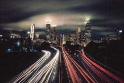 A city skyline at night shot using timelapse software.