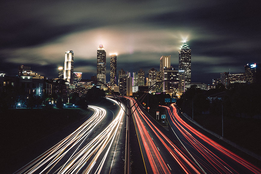 A city skyline at night shot using timelapse software.