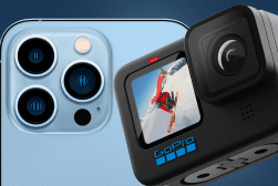 A gopro action camera next to an iphone.