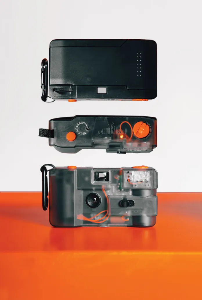 A black and orange camera.